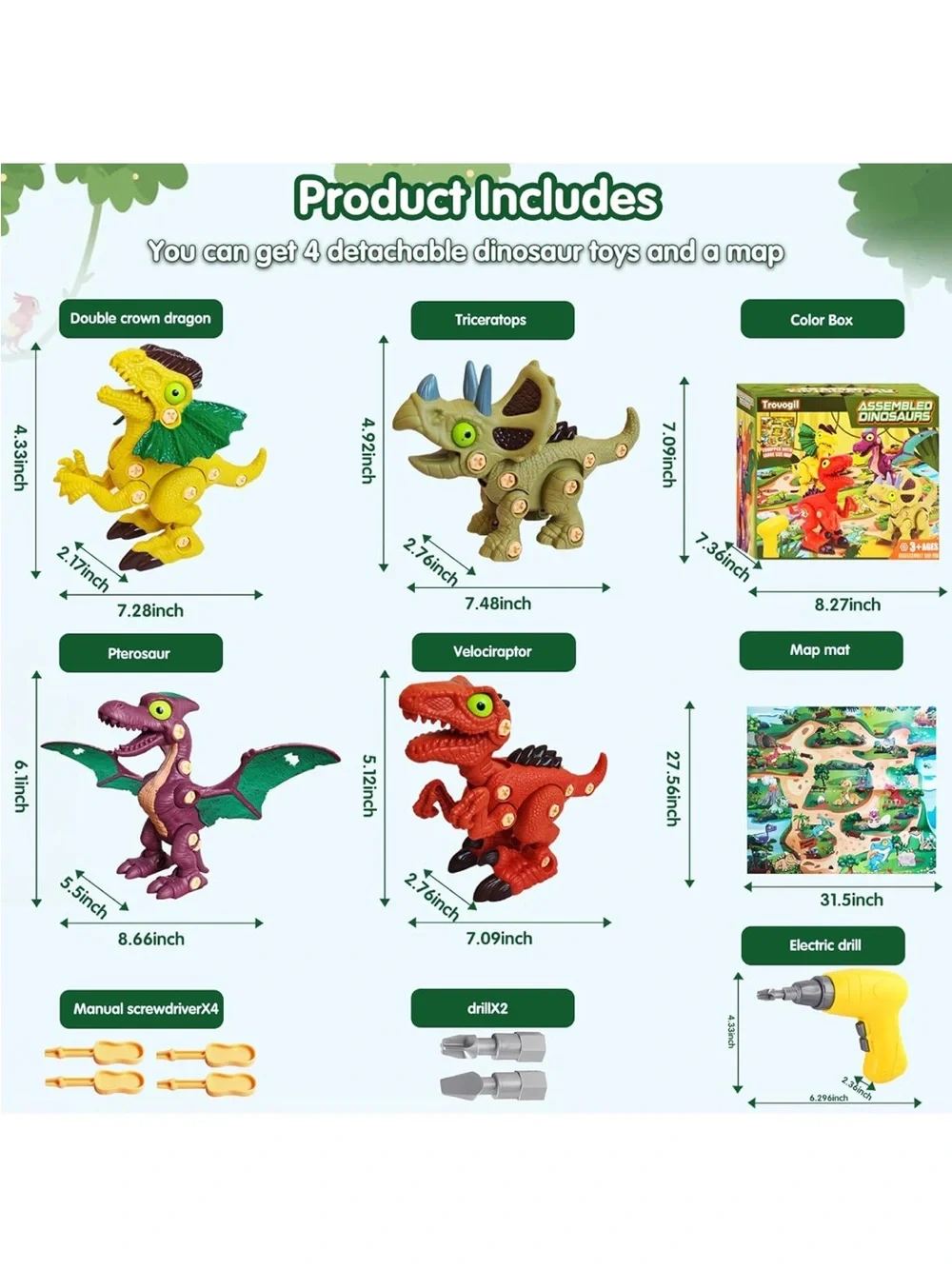New Dinosaur Toys W-Electric Drill & Play Mat STEM  DIY Learning Educational Toy